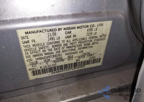 2007 Nissan Maxima 3.5 Se z USA, uszkodzony, nr VIN 1N4BA41E97C840302